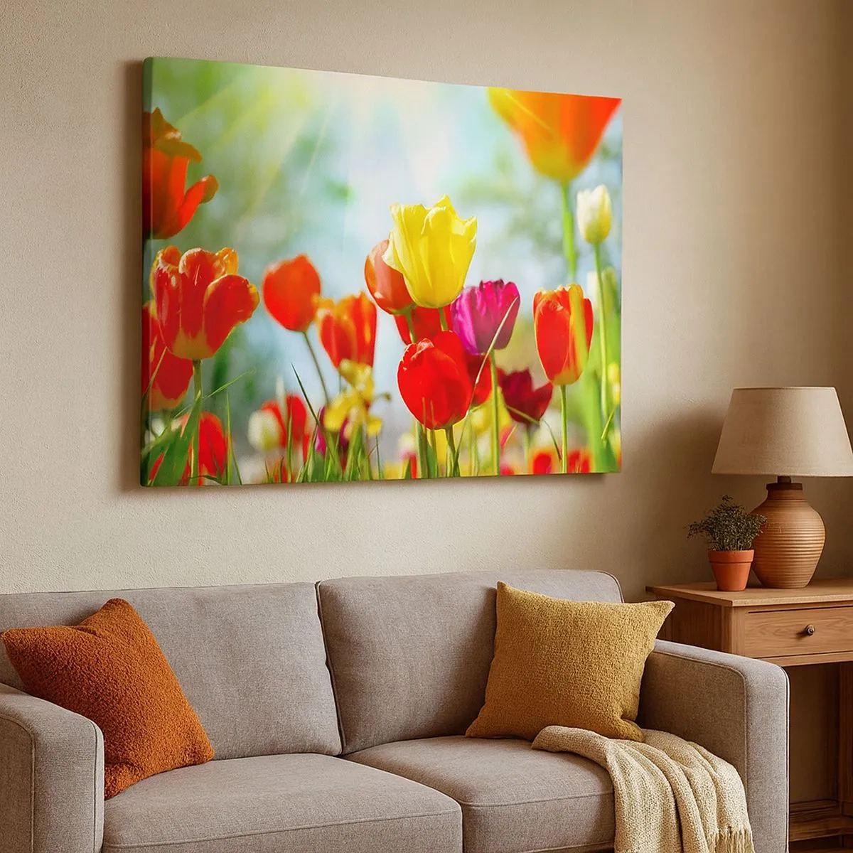 Obraz na plátne - Farebné tulipány na slnku - 70x50cm - Všetky farby slnka - Moderná nástenná dekorácia do obývacej izby a spálne ARTTOR