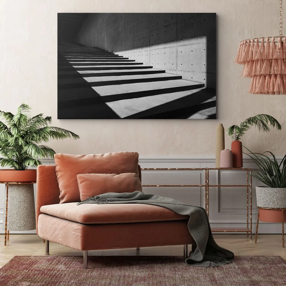 Obraz na plátne - Schody v minimalistickom štýle v čiernej a bielej farbe - 70x50cm - Surová krása modernizmu - Moderná nástenná dekorácia do obývacej izby a spálne ARTTOR