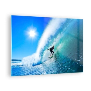 Obraz na skle - Surfer na vlne za slnečného dňa - 70x50cm - Cez veľký blankyt - Moderná nástenná dekorácia do obývacej izby a spálne ARTTOR
