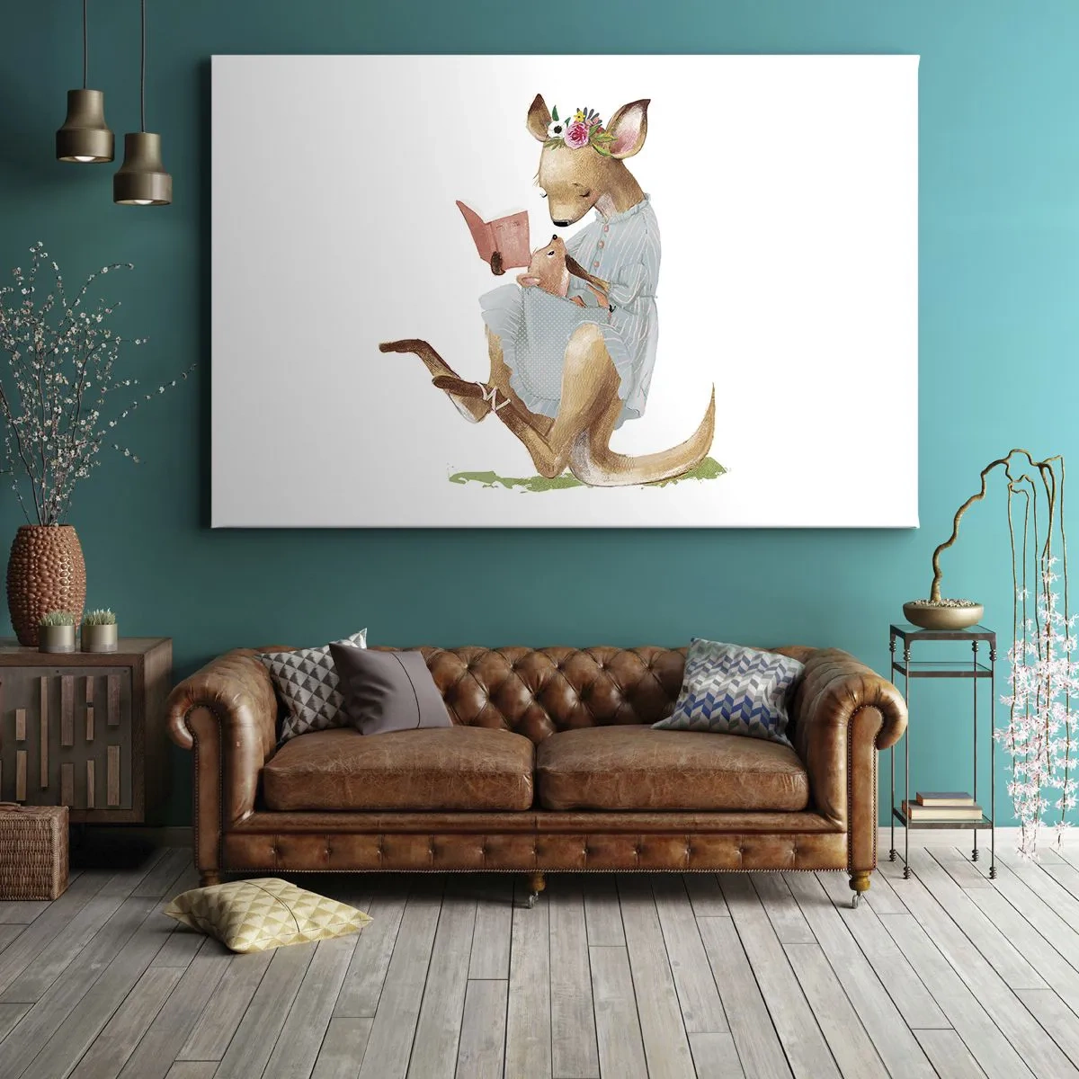 Obraz na plátne - Kanga číta knihu s bábätkom - 70x50cm - Prečítaj mi, mama - Moderná nástenná dekorácia do obývacej izby a spálne ARTTOR