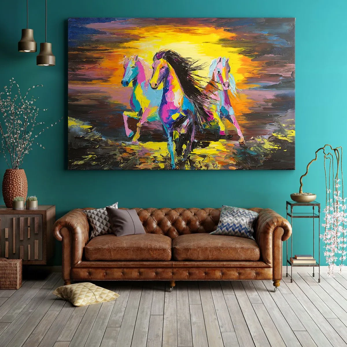 Obraz na plátne - Farebné kone cválajúce na pozadí zapadajúceho slnka - 70x50cm - Ponorené do dúhy - Moderná nástenná dekorácia do obývacej izby a spálne ARTTOR