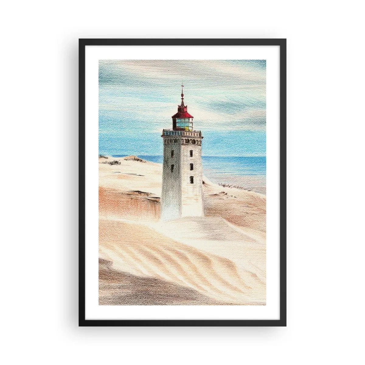 Plagát v čiernom ráme - Maják na pozadí piesočných dún a modrej oblohy - 50x70cm - Vždy hľadí na more - Moderná nástenná dekorácia do obývacej izby a spálne ARTTOR
