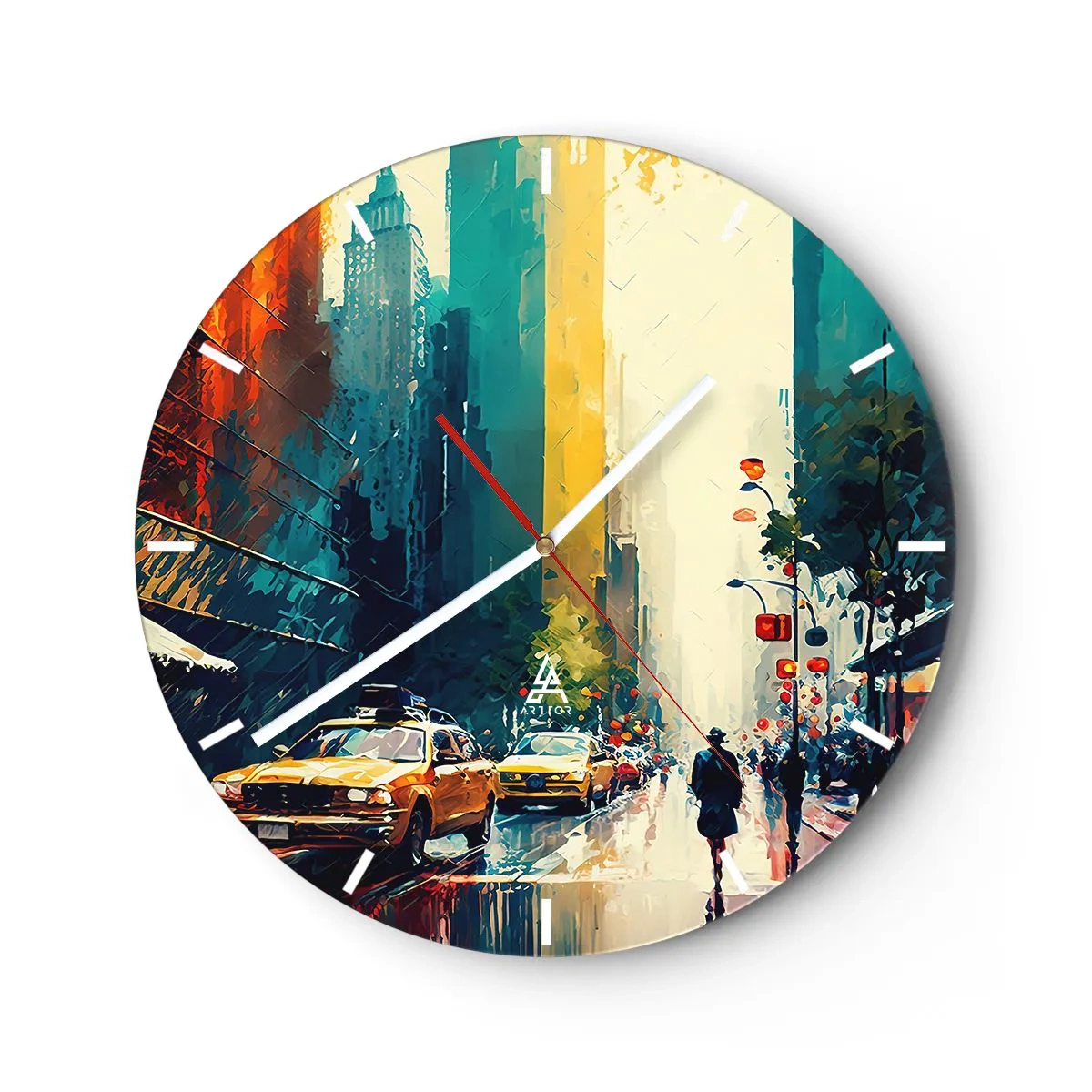 Nástenné hodiny - Farebná newyorská ulica s taxíkmi a chodcami v daždi - 30x30cm - New York – tu je aj dážď farebný - Moderná nástenná dekorácia do obývacej izby, kuchyne a spálne ARTTOR