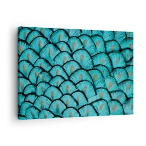 Obraz na plátne - Vzor pripomínajúci tyrkysové šupiny so zlatými akcentmi - 70x50cm - Veľká slávnosť peria - Moderná nástenná dekorácia do obývacej izby a spálne ARTTOR