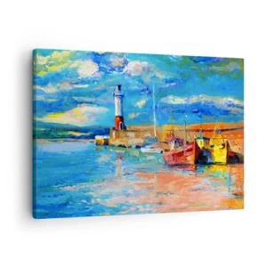 Obraz na plátne - Rybársky prístav s loďkami a majákom v jasných farbách - 70x50cm - Popoludní v dúhovom zálive - Moderná nástenná dekorácia do obývacej izby a spálne ARTTOR