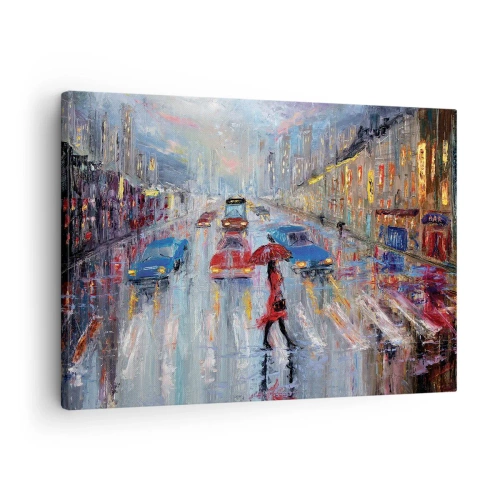 Obraz na plátne - Žena s dáždnikom na daždivej ulici v neónovom svetle. - 70x50cm - Daždivé popoludnie v meste - Moderná nástenná dekorácia do obývacej izby a spálne ARTTOR