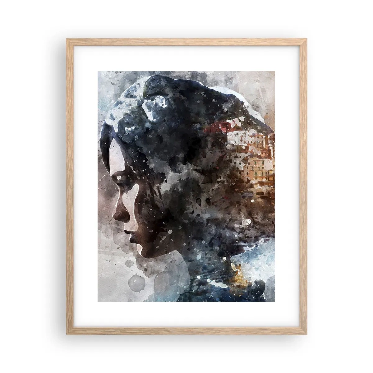 Plagát v ráme zo svetlého duba - Príbeh o dievčati s mestom v pozadí - 40x50 cm