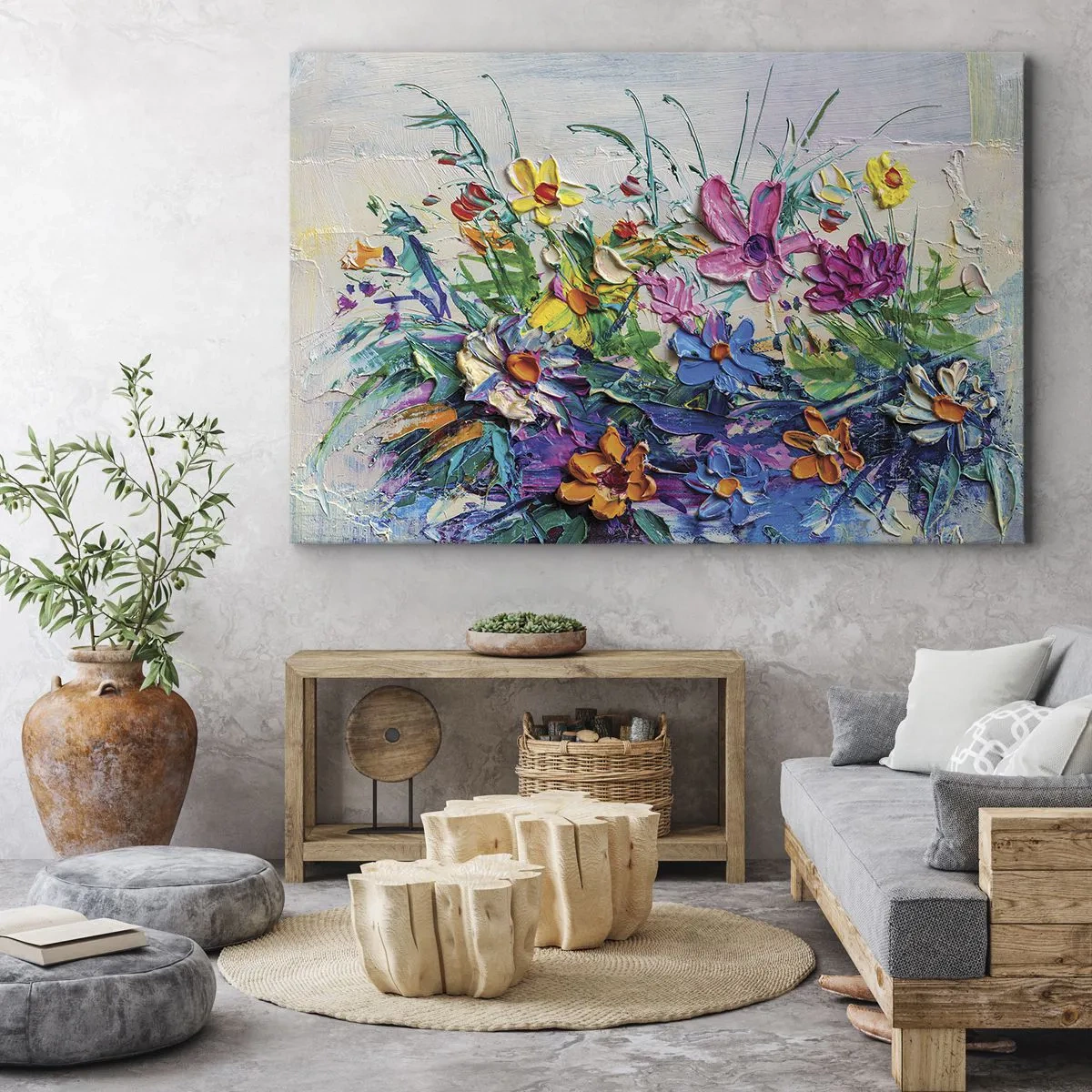 Obraz na plátne - Farebná kytica kvetov maľovaná impasto technikou - 70x50cm - Vôbec nie zátišie - Moderná nástenná dekorácia do obývacej izby a spálne ARTTOR