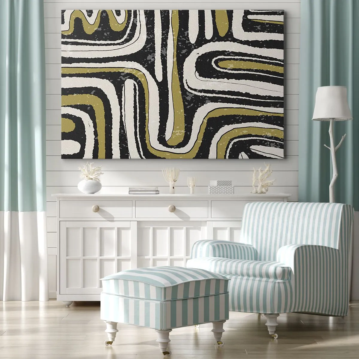 Obraz na plátne - Abstraktný vzor v čiernej, bielej a zlatej farbe - 70x50cm - Kompozícia: trakty a uličky - Moderná nástenná dekorácia do obývacej izby a spálne ARTTOR