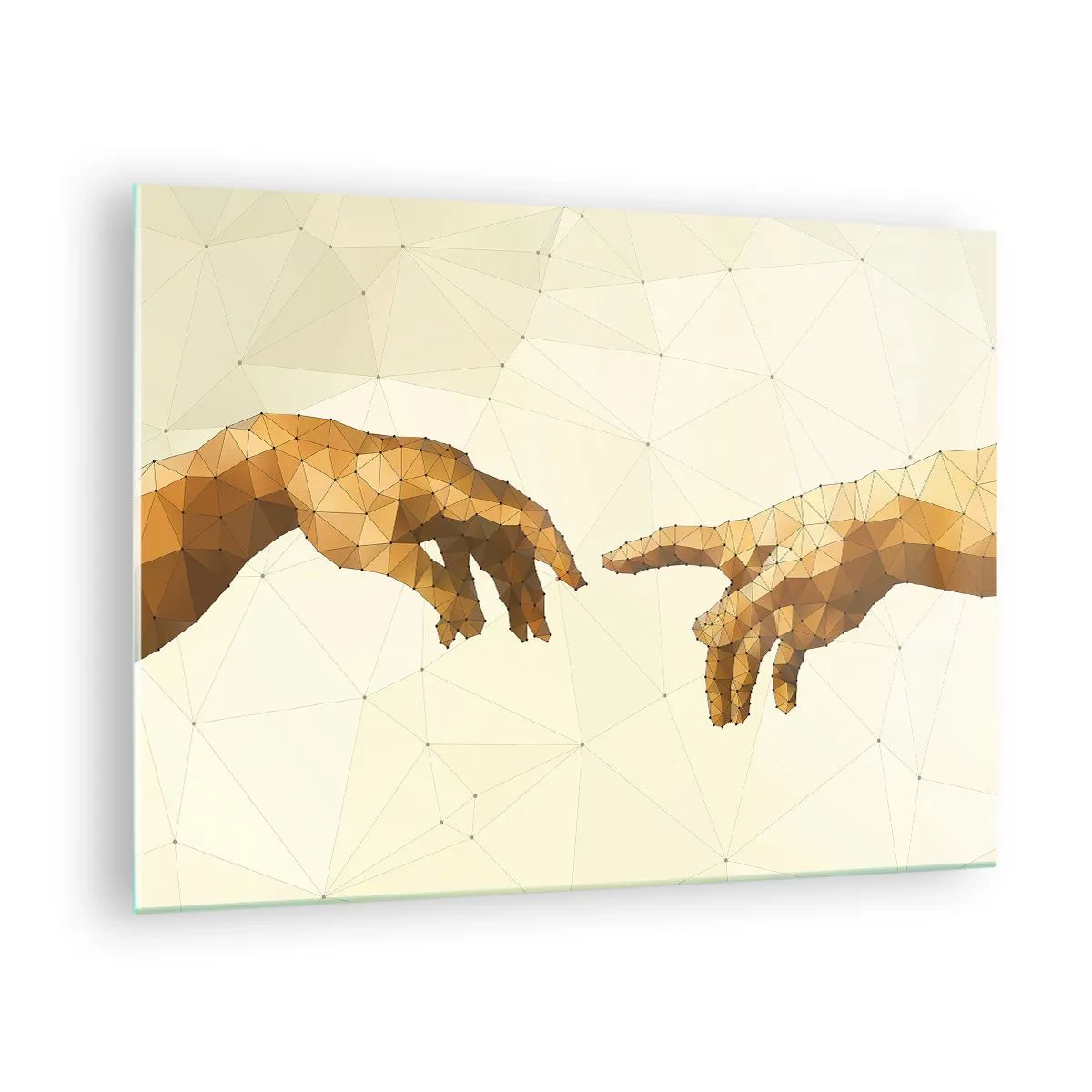 Obraz na skle - Štylizovaná verzia obrazu „Stvorenie Adama“ v polygónovej technike - 70x50cm - Božská geometria - Moderná nástenná dekorácia do obývacej izby a spálne ARTTOR