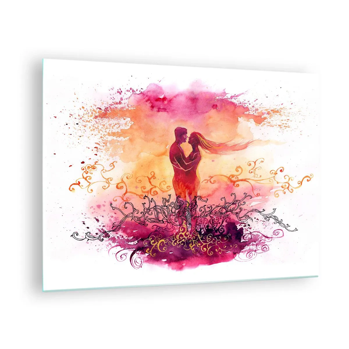 Obraz na skle - Romantický pár v abstraktných, teplých farbách - 70x50cm - Jedno srdce! Potrebujem tak málo… - Moderná nástenná dekorácia do obývacej izby a spálne ARTTOR