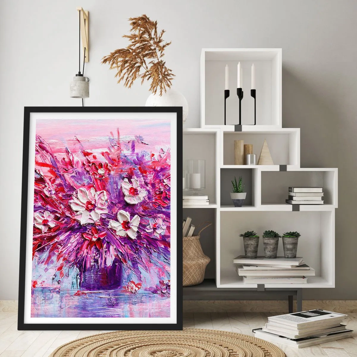 Plagát v čiernom ráme - Kytica kvetov v odtieňoch ružovej, fialovej a bielej - 50x70cm - Nevinnosť a vášeň - Moderná nástenná dekorácia do obývacej izby a spálne ARTTOR