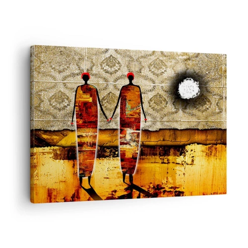 Obraz na plátne - Abstraktný pár postáv na pozadí zlatých vzorov a krajiny. - 70x50cm - Etnická kompozícia vo farbách Afriky - Moderná nástenná dekorácia do obývacej izby a spálne ARTTOR