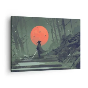 Obraz na plátne - Osamelý bojovník s mečom na pozadí červeného mesiaca v tmavom lese. - 70x50cm - Bojovník červeného mesiaca - Moderná nástenná dekorácia do obývacej izby a spálne ARTTOR