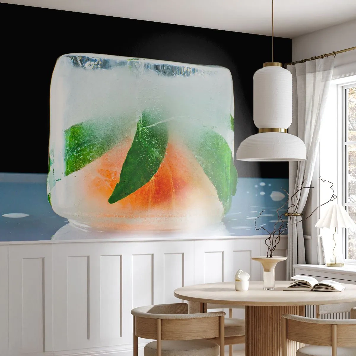 Fototapeta Premium Sand - Sviežosť a osvieženie - Ľadová kocka, Oranžová, List mäty - 400x280 cm