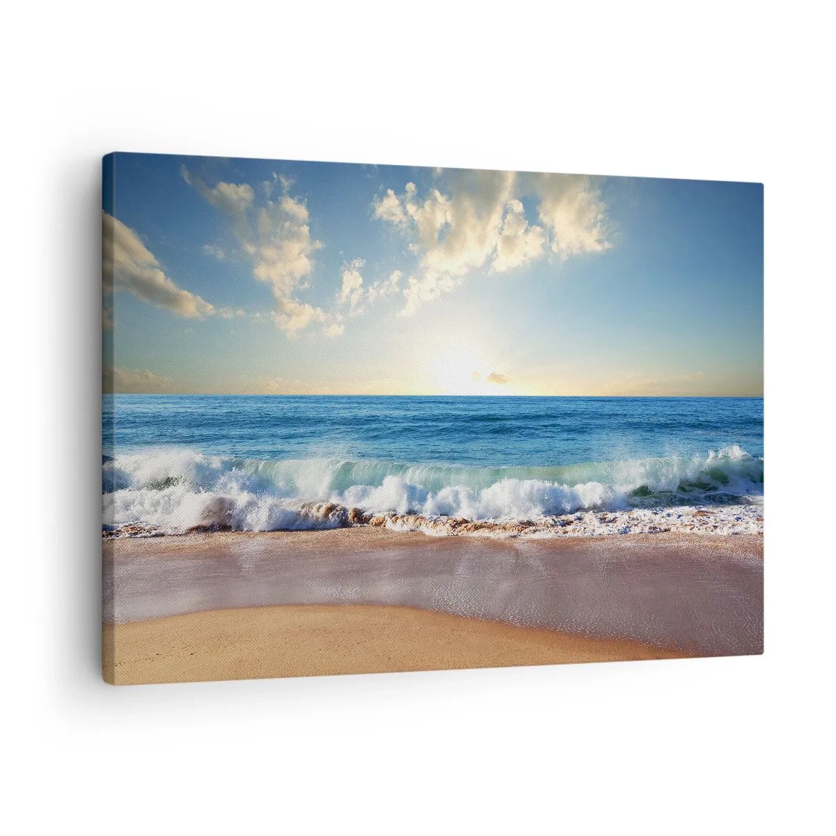 Obraz na plátne - Slnečná pláž s vlnami rozbíjajúcimi sa o breh - 70x50cm - Pohyb a nehybnosť zároveň - Moderná nástenná dekorácia do obývacej izby a spálne ARTTOR
