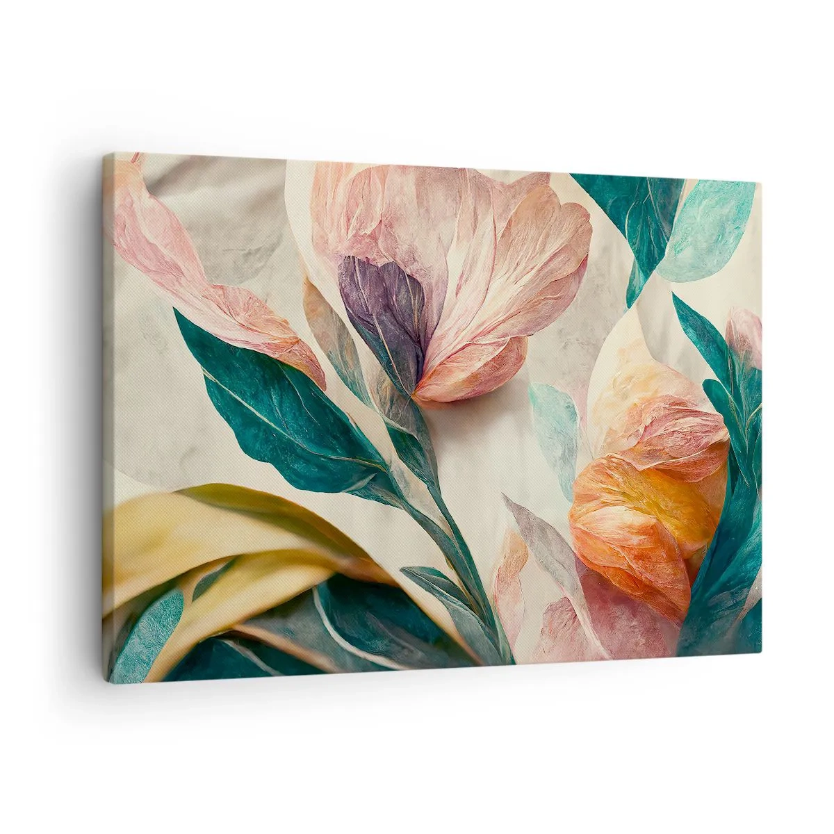 Obraz na plátne - Farebné kvety v tropickom štýle na svetlom pozadí - 70x50cm - Kvety južných ostrovov - Moderná nástenná dekorácia do obývacej izby a spálne ARTTOR