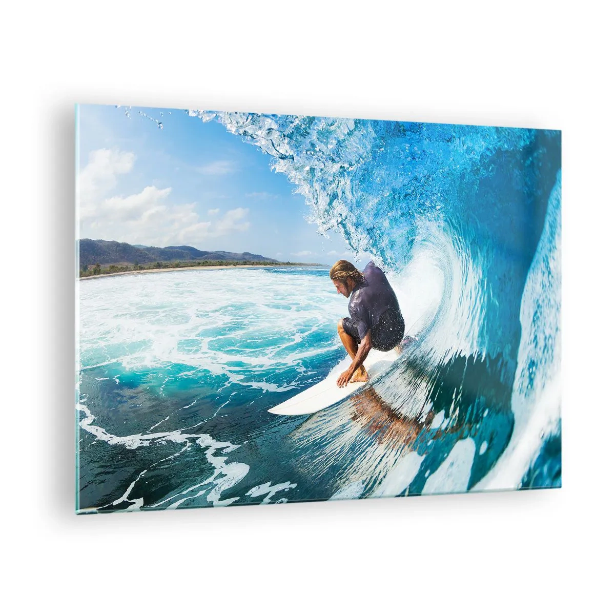 Obraz na skle - Surfer vo vodnom tuneli s oceánom v pozadí - 70x50cm - Tancujúci s vlnami - Moderná nástenná dekorácia do obývacej izby a spálne ARTTOR