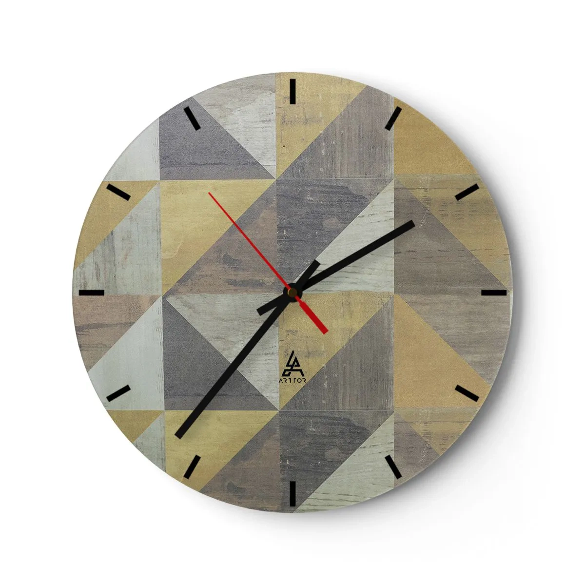 Nástenné hodiny - Geometrický vzor trojuholníkov v odtieňoch sivej a béžovej - 30x30cm - V uhle trojuholníka - Moderná nástenná dekorácia do obývacej izby, kuchyne a spálne ARTTOR