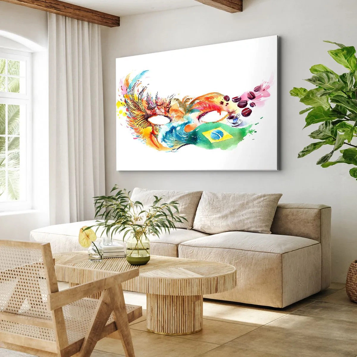 Obraz na plátne - Farebná akvarelová maska inšpirovaná Brazíliou - 70x50cm - Brazília víta sambou - Moderná nástenná dekorácia do obývacej izby a spálne ARTTOR