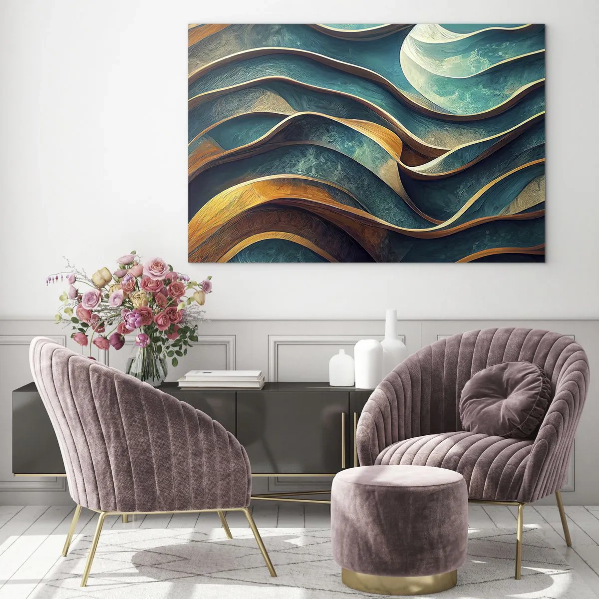 Obraz na skle - Dynamické línie v modrej a medenej farbe vytvárajú vlny - 70x50cm - Meandre modrej - Moderná nástenná dekorácia do obývacej izby a spálne ARTTOR