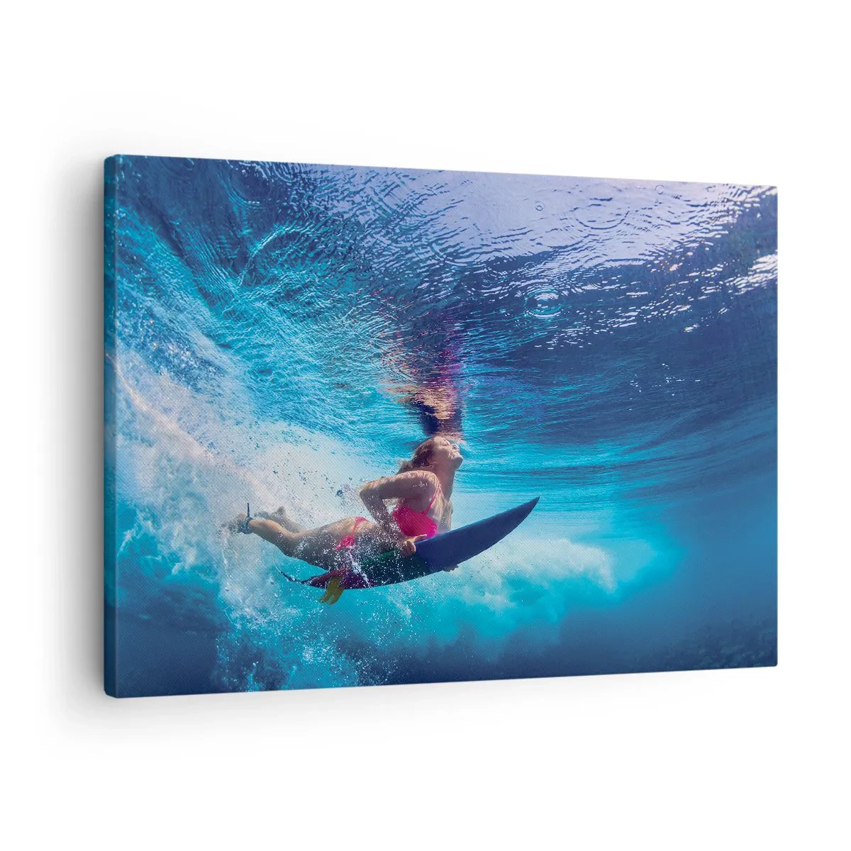 Obraz na plátne - Surfer pod vodou v dynamickej kompozícii v odtieňoch modrej. - 70x50cm - Hĺbka radosti - Moderná nástenná dekorácia do obývacej izby a spálne ARTTOR