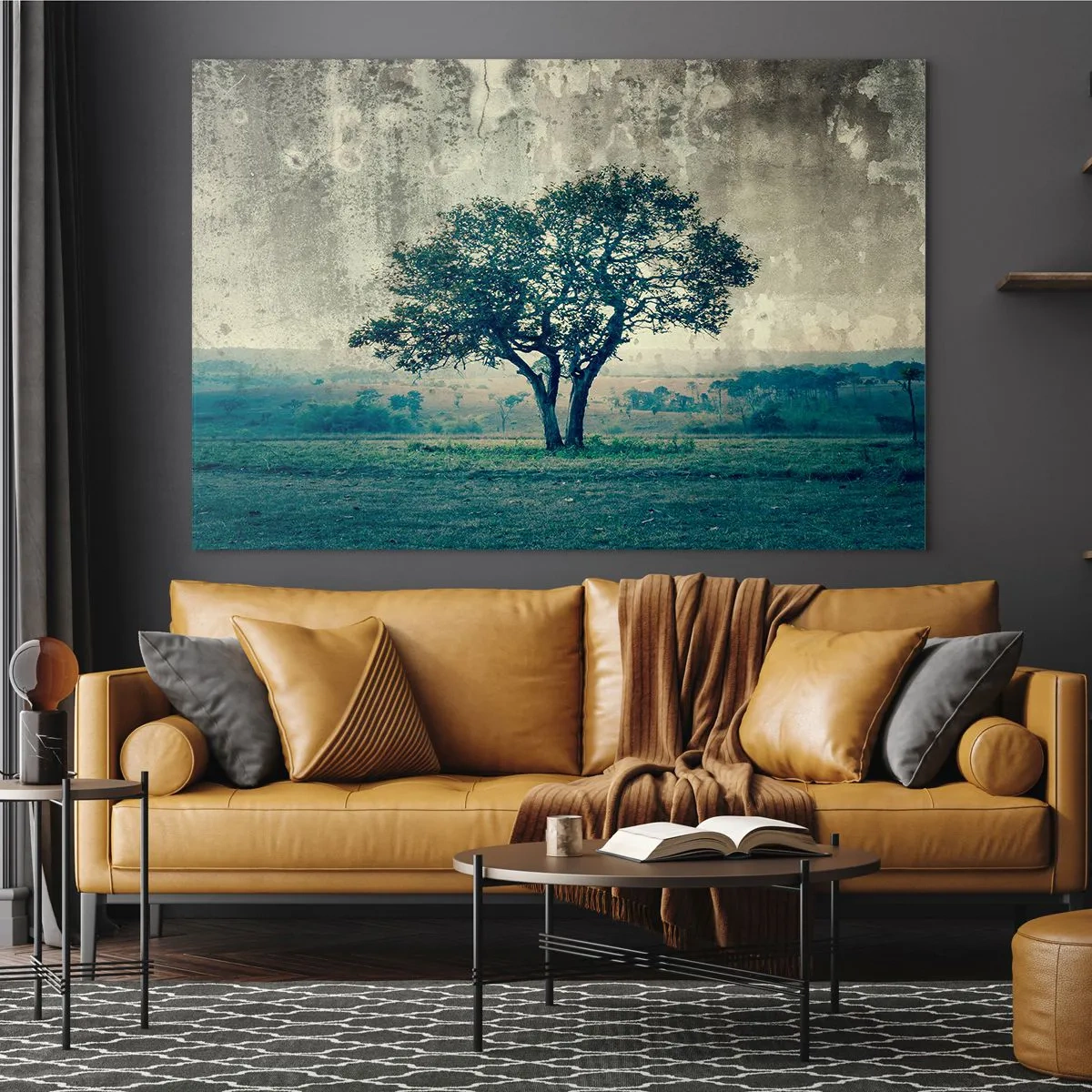 Obraz na skle - Osamelý strom vo vintage krajine - 70x50cm - Jabloň na modrom poli? - Moderná nástenná dekorácia do obývacej izby a spálne ARTTOR