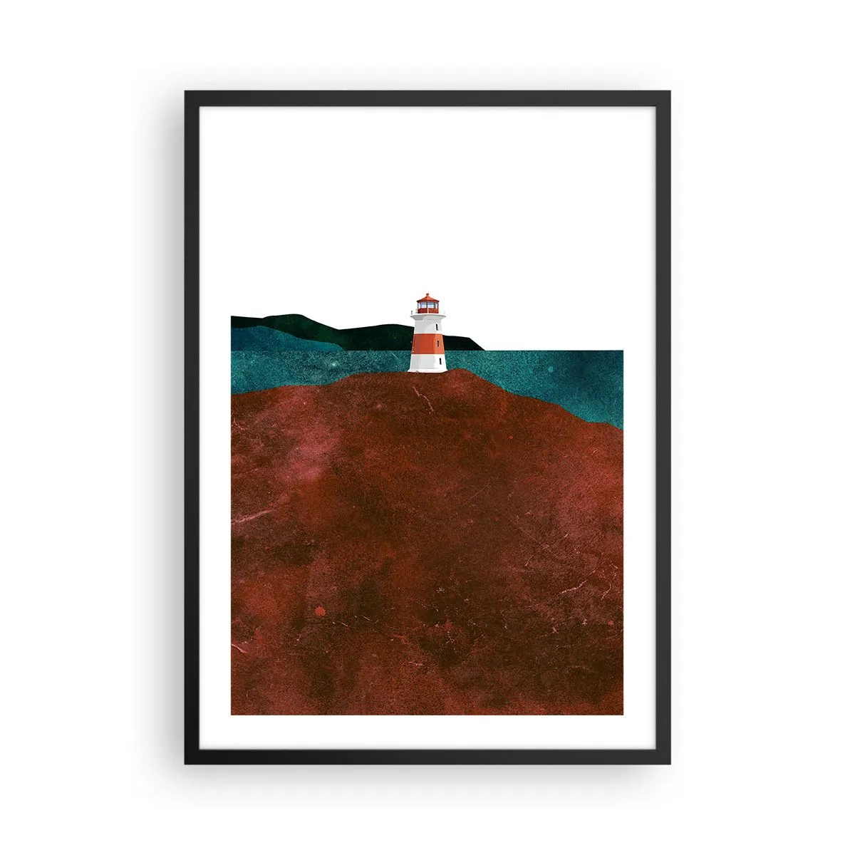 Plagát v čiernom ráme - Minimalistická krajina s majákom na kopci - 50x70cm - Hľadiaca na more - Moderná nástenná dekorácia do obývacej izby a spálne ARTTOR