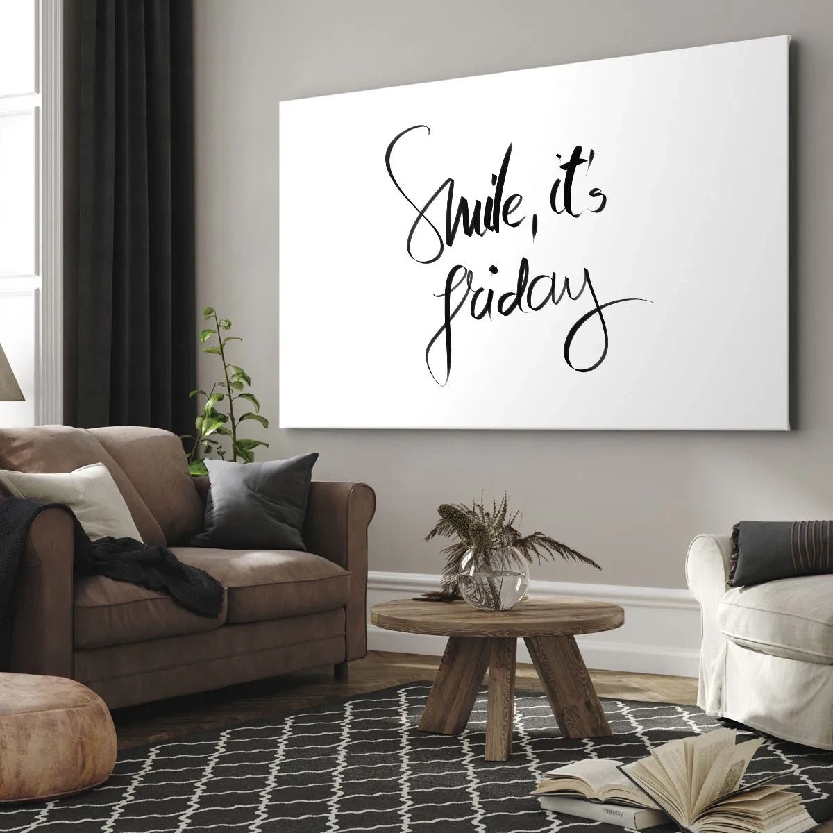 Obraz na plátne - Čiernobiele písmo Smile, it's Friday - 70x50cm - Naozajstná radosť - Moderná nástenná dekorácia do obývacej izby a spálne ARTTOR