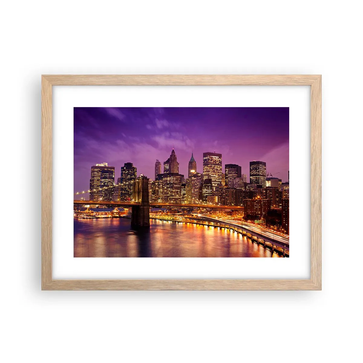 Plagát v ráme zo svetlého duba - Fialovo-zlatý Manhattan - 40x30 cm