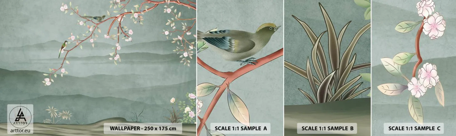 Vzorka Fototapeta Standard Eco - Jar je tu - Pastel, Vtáky, Kvety - 100x30 cm