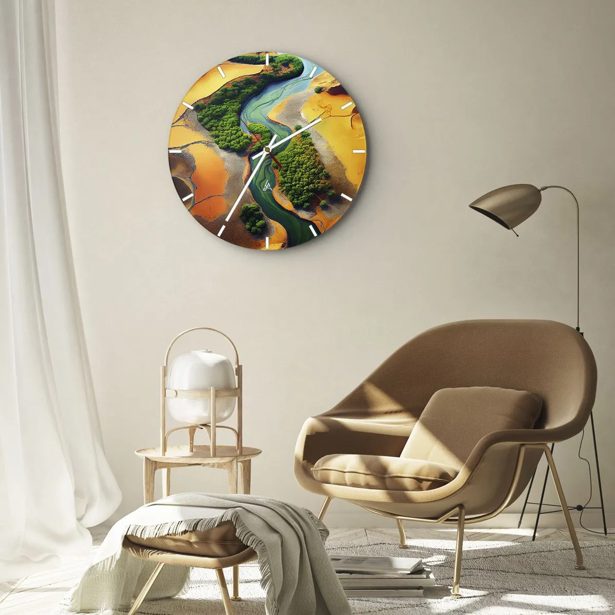 Nástenné hodiny - Rieka vinúca sa zelenou púštnou krajinou - 30x30cm - Životodarná rieka - Moderná nástenná dekorácia do obývacej izby, kuchyne a spálne ARTTOR