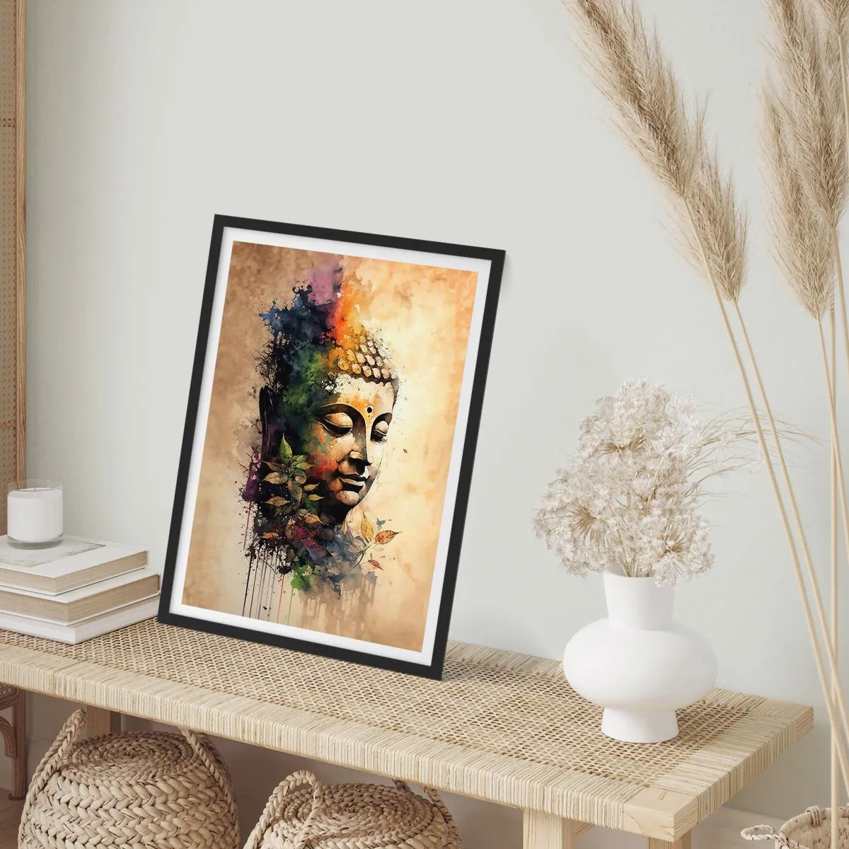 Plagát v čiernom ráme - Farebný portrét Budhu v umeleckom akvarelovom štýle. - 50x70cm - Namaste! - Moderná nástenná dekorácia do obývacej izby a spálne ARTTOR