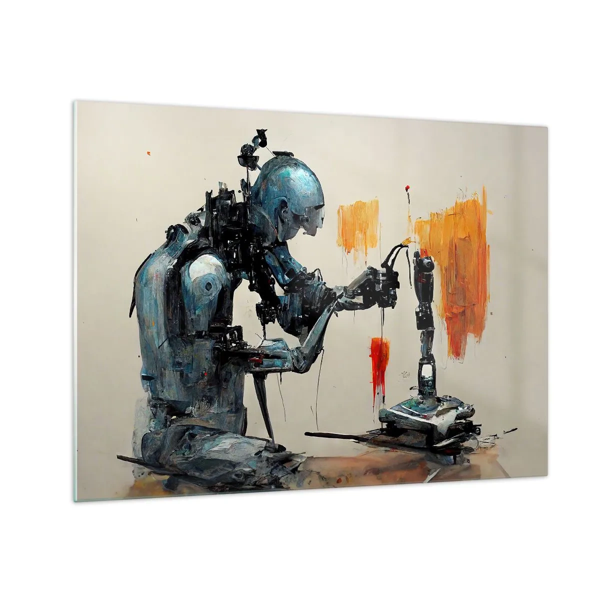 Obraz na skle - Robot maľujúci mechanickú ruku na abstraktné pozadie. - 70x50cm - Už zajtra… - Moderná nástenná dekorácia do obývacej izby a spálne ARTTOR