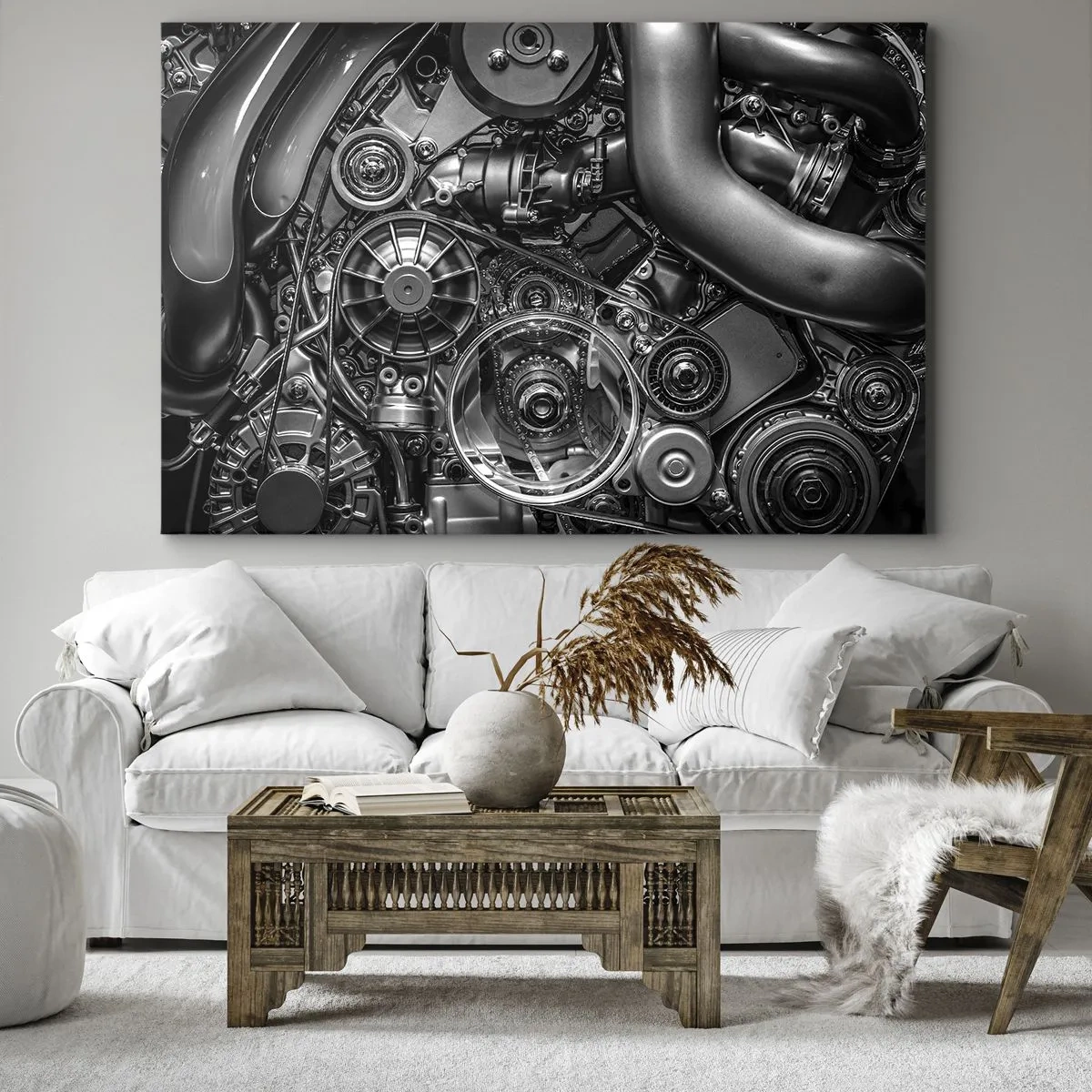 Obraz na plátne - Čiernobiely detailný záber mechanických detailov motora automobilu. - 70x50cm - Poézia mechaniky - Moderná nástenná dekorácia do obývacej izby a spálne ARTTOR