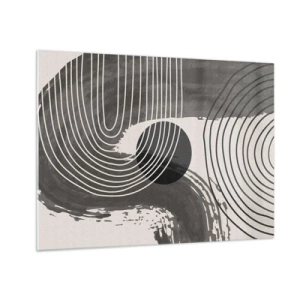 Obraz na skle - Moderná abstrakcia s čiernobielymi čiarami a oválom - 70x50cm - Ovál víťazí - Moderná nástenná dekorácia do obývacej izby a spálne ARTTOR