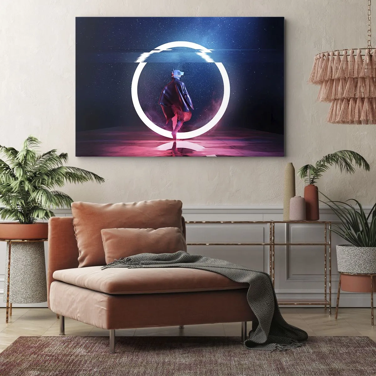 Obraz na plátne - Postava vo futuristickom prostredí s neónovým kruhom - 70x50cm - Medzi svetmi - Moderná nástenná dekorácia do obývacej izby a spálne ARTTOR