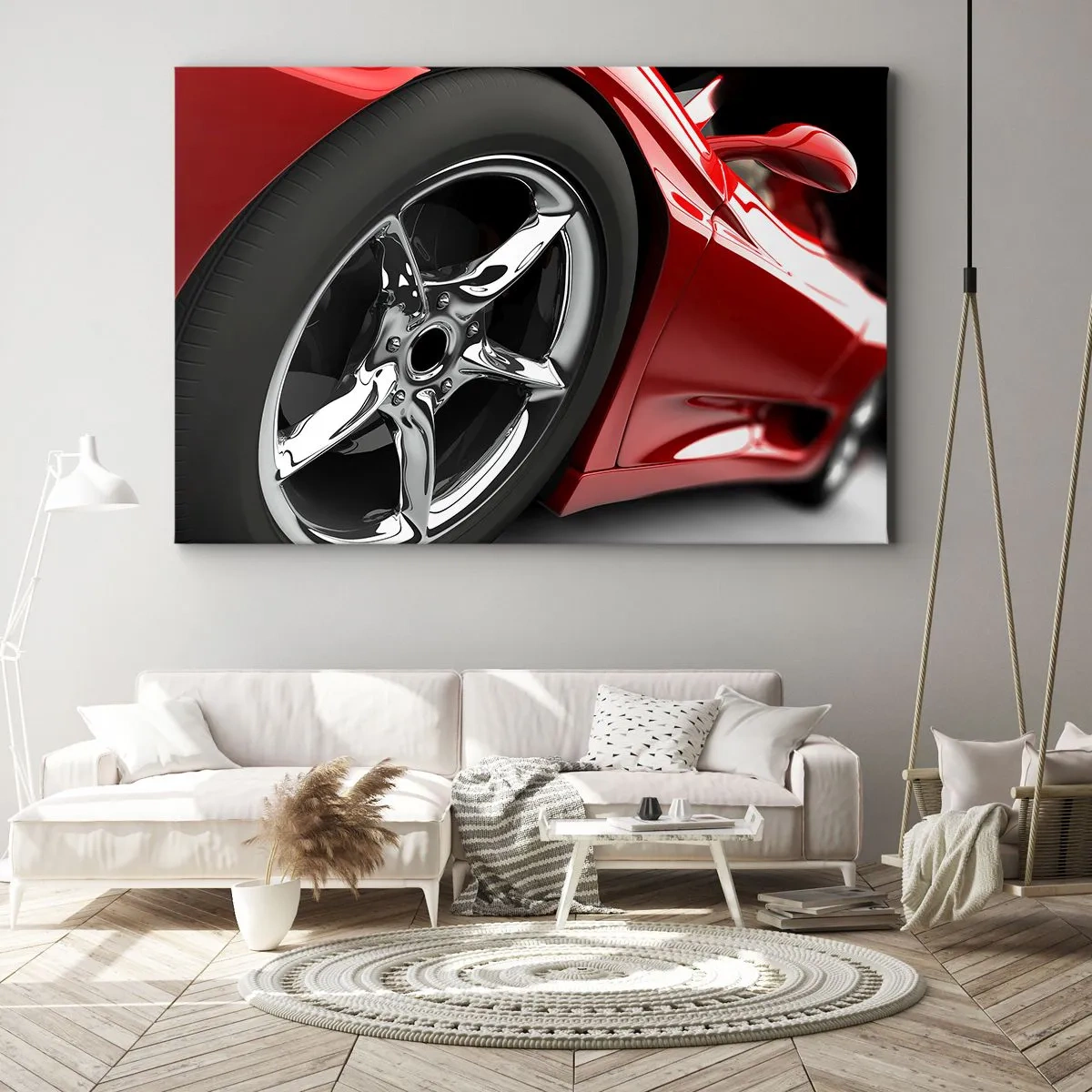 Obraz na plátne - Červené športové auto s chrómovými kolesami - 70x50cm - Vytvorený pre rýchlosť - Moderná nástenná dekorácia do obývacej izby a spálne ARTTOR