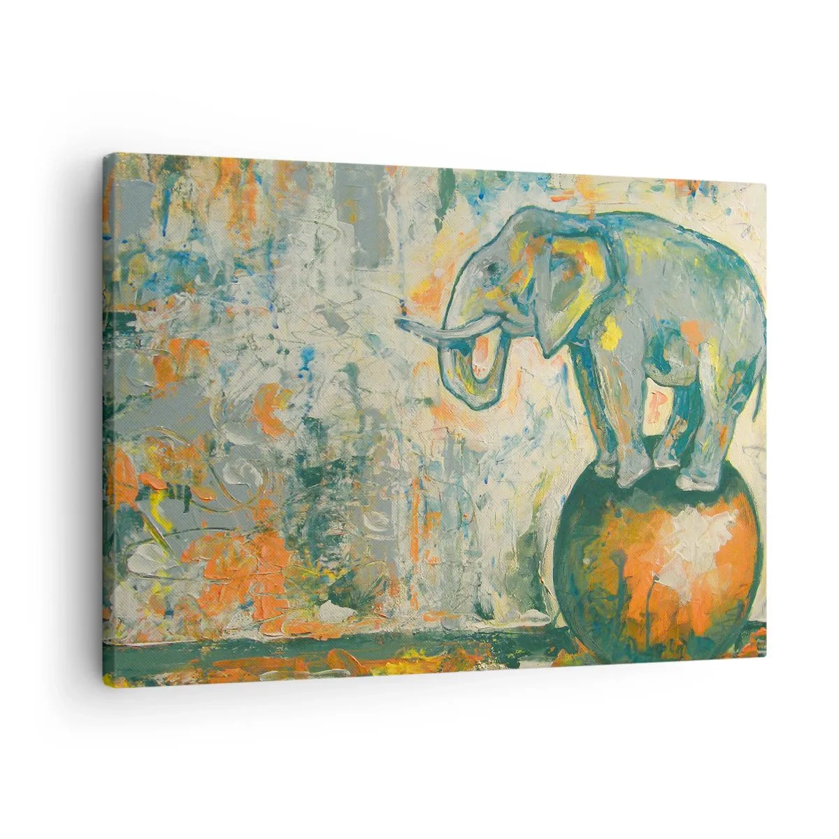 Obraz na plátne - Slon balansujúci na lopte v umeleckom štýle - 70x50cm - Nech žije cirkus! - Moderná nástenná dekorácia do obývacej izby a spálne ARTTOR