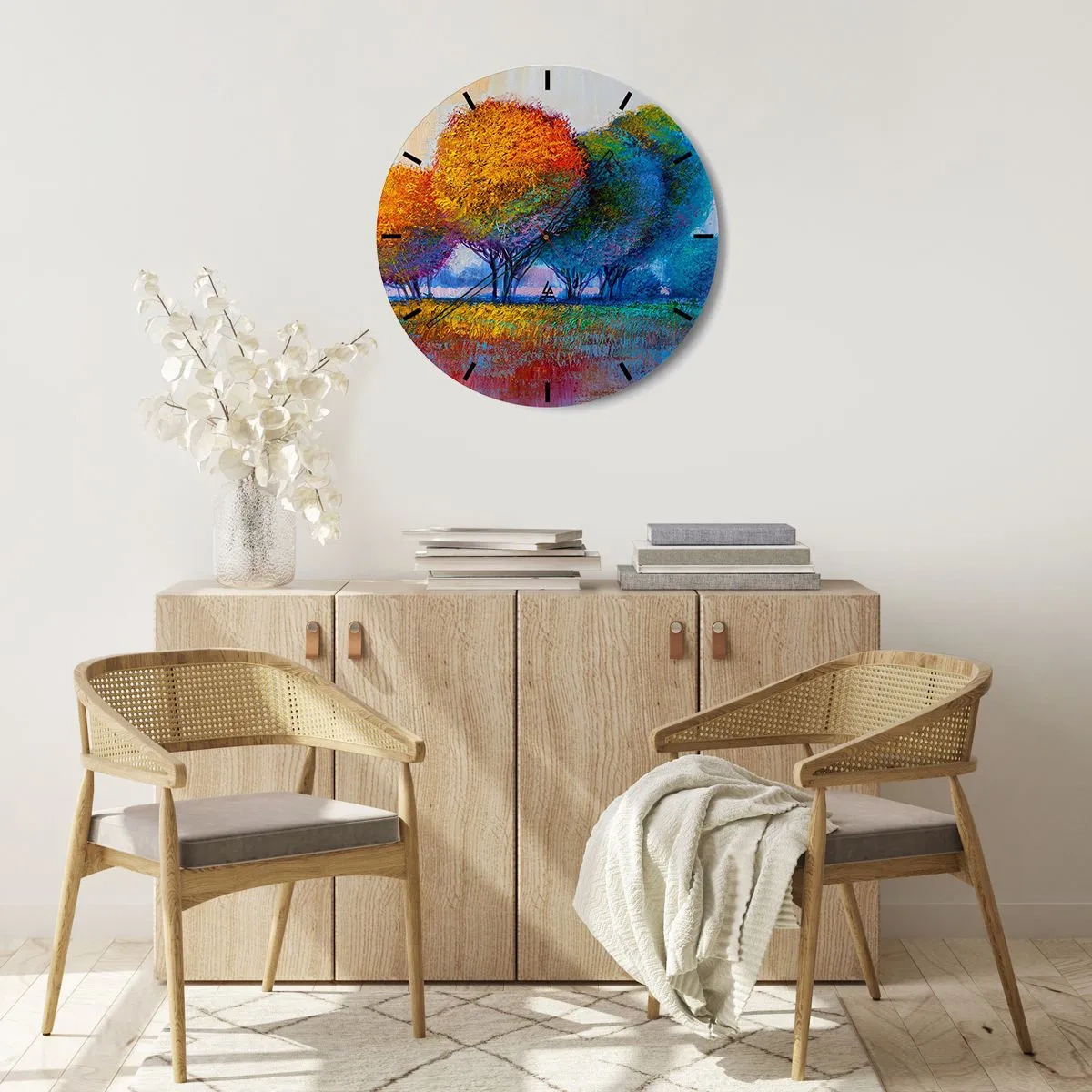 Nástenné hodiny - Farebná krajina stromov s intenzívnymi odtieňmi - 30x30cm - Trs žiarivých farieb - Moderná nástenná dekorácia do obývacej izby, kuchyne a spálne ARTTOR