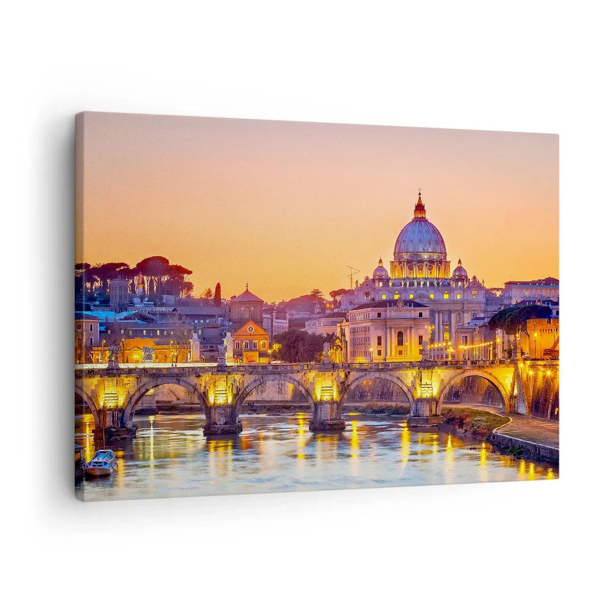 Obraz na plátne - Panoráma Vatikánu pri západe slnka s mostom cez rieku - 70x50cm - Súmrak nad Večným mestom - Moderná nástenná dekorácia do obývacej izby a spálne ARTTOR
