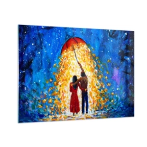 Obraz na skle - Pár pod dáždnikom obklopený zlatým svetlom na pozadí nočnej oblohy - 70x50cm - Mágia daždivého večera? - Moderná nástenná dekorácia do obývacej izby a spálne ARTTOR