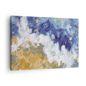 Obraz na plátne - Abstrakcia v odtieňoch modrej, bielej a zlatej - 70x50cm - Tanec živlov - Moderná nástenná dekorácia do obývacej izby a spálne ARTTOR