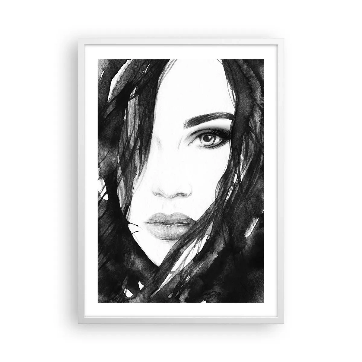 Plagát v bielom ráme - Portrét dámy v čiernej a bielej - 50x70 cm