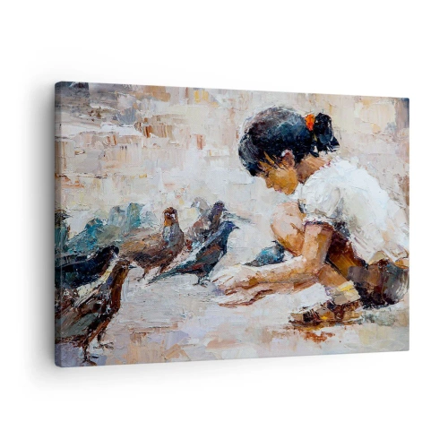 Obraz na plátne - Dievča kŕmi vtáky maliarskym štýlom - 70x50cm - Maličkí a najmilší - Moderná nástenná dekorácia do obývacej izby a spálne ARTTOR