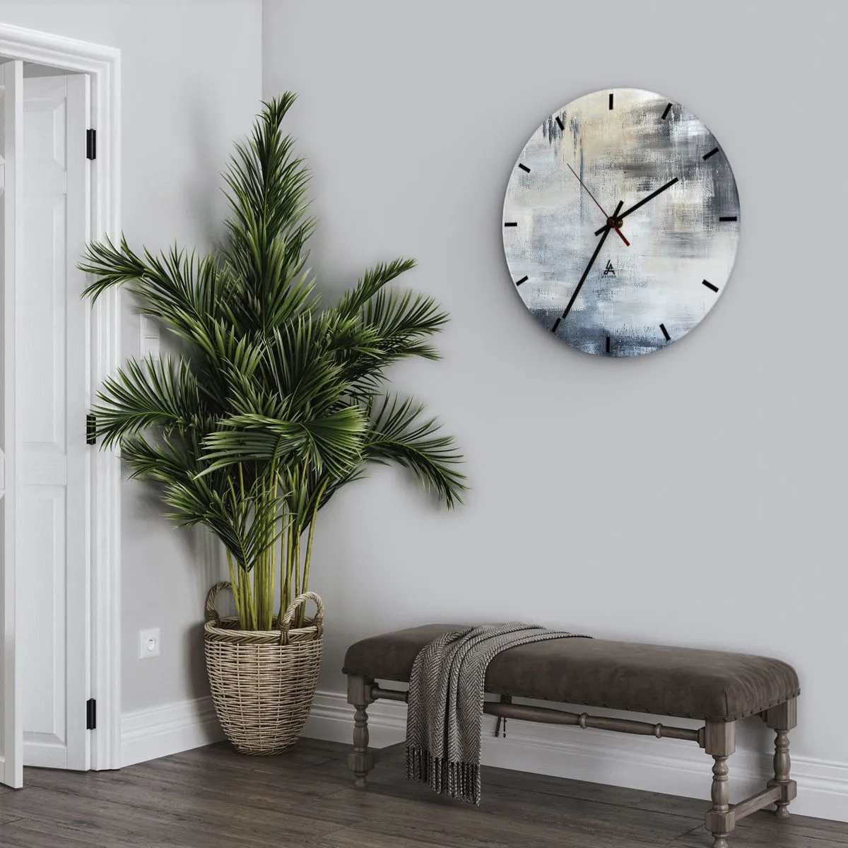 Nástenné hodiny - Abstraktná kompozícia v odtieňoch sivej a béžovej - 30x30cm - Za závojom modrej - Moderná nástenná dekorácia do obývacej izby, kuchyne a spálne ARTTOR