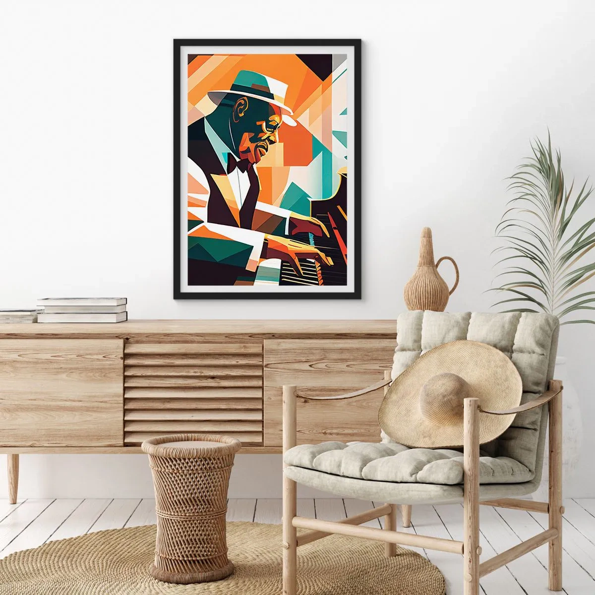 Plagát v čiernom ráme - Abstraktný portrét klaviristu v kubistickom štýle - 50x70cm - Celý tento jazz - Moderná nástenná dekorácia do obývacej izby a spálne ARTTOR