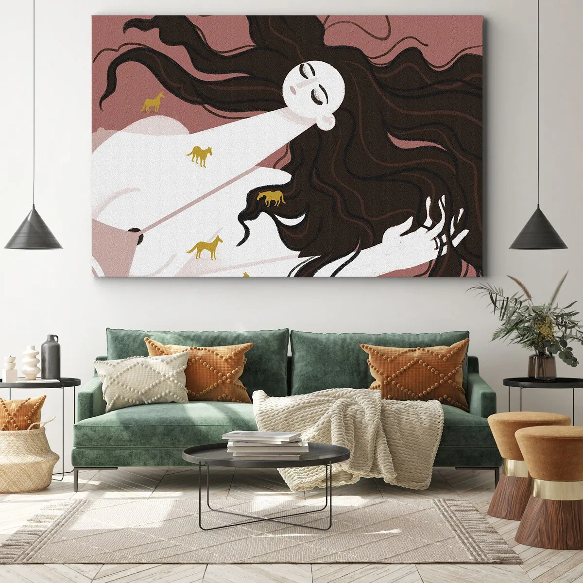 Obraz na plátne - Postava so zatvorenými očami obklopená zlatými koňmi - 70x50cm - Sen o zlatom koni - Moderná nástenná dekorácia do obývacej izby a spálne ARTTOR