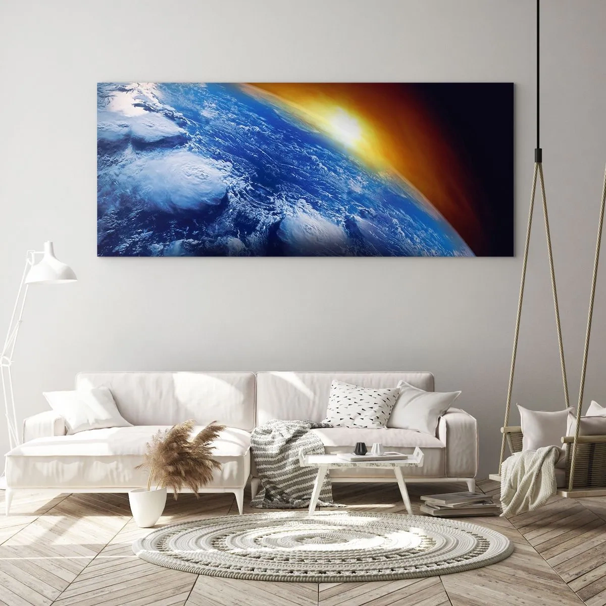 Obraz na skle - Východ slnka nad modrou planétou - 100x40 cm