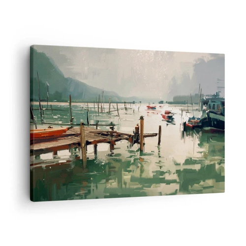 Obraz na plátne - Malebný prístav s loďkami na pokojnej vode - 70x50cm - Zaliate roztaveným mesiacom - Moderná nástenná dekorácia do obývacej izby a spálne ARTTOR